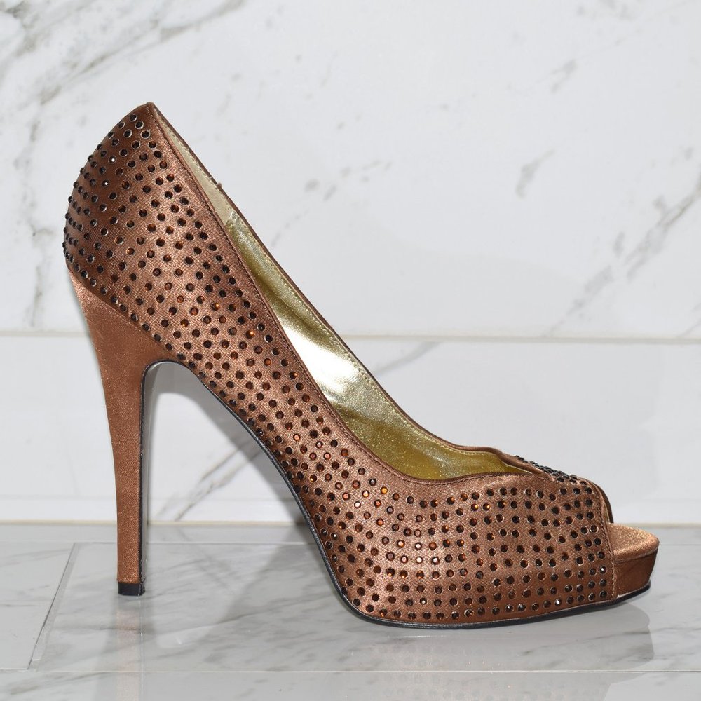 Bronze Satin Rhinestone Peep Toe High Heels